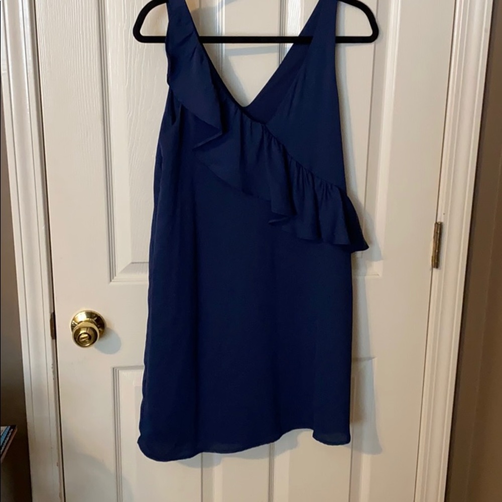 Navy dress with floral ruffle - so cute!